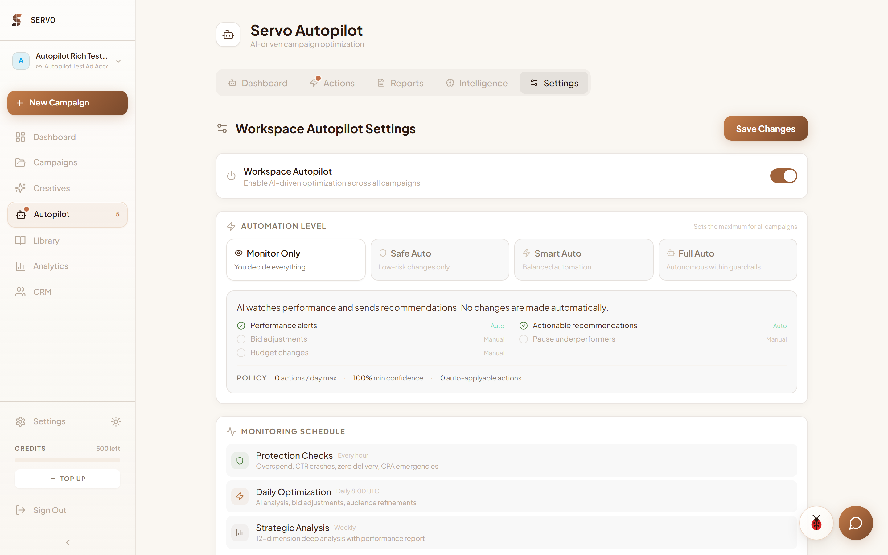 Workspace Autopilot settings: automation levels and monitoring schedule