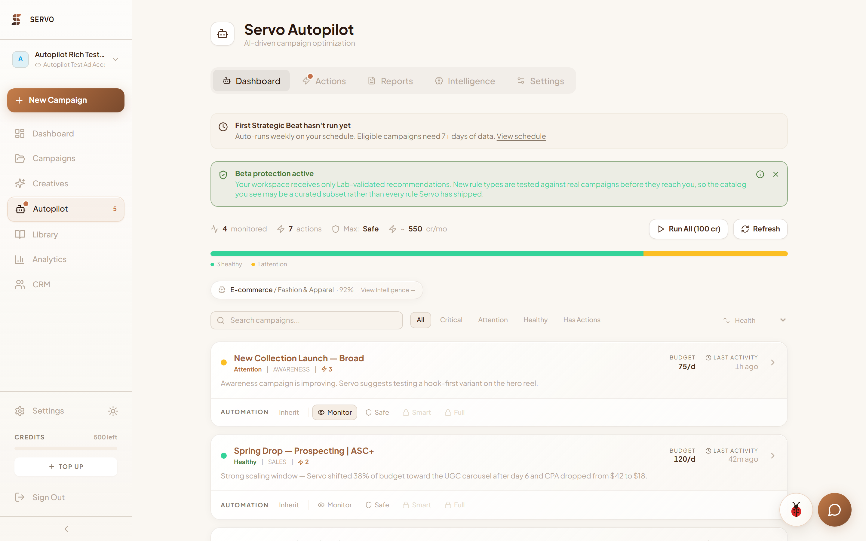 Servo Autopilot dashboard with campaign health and automation levels