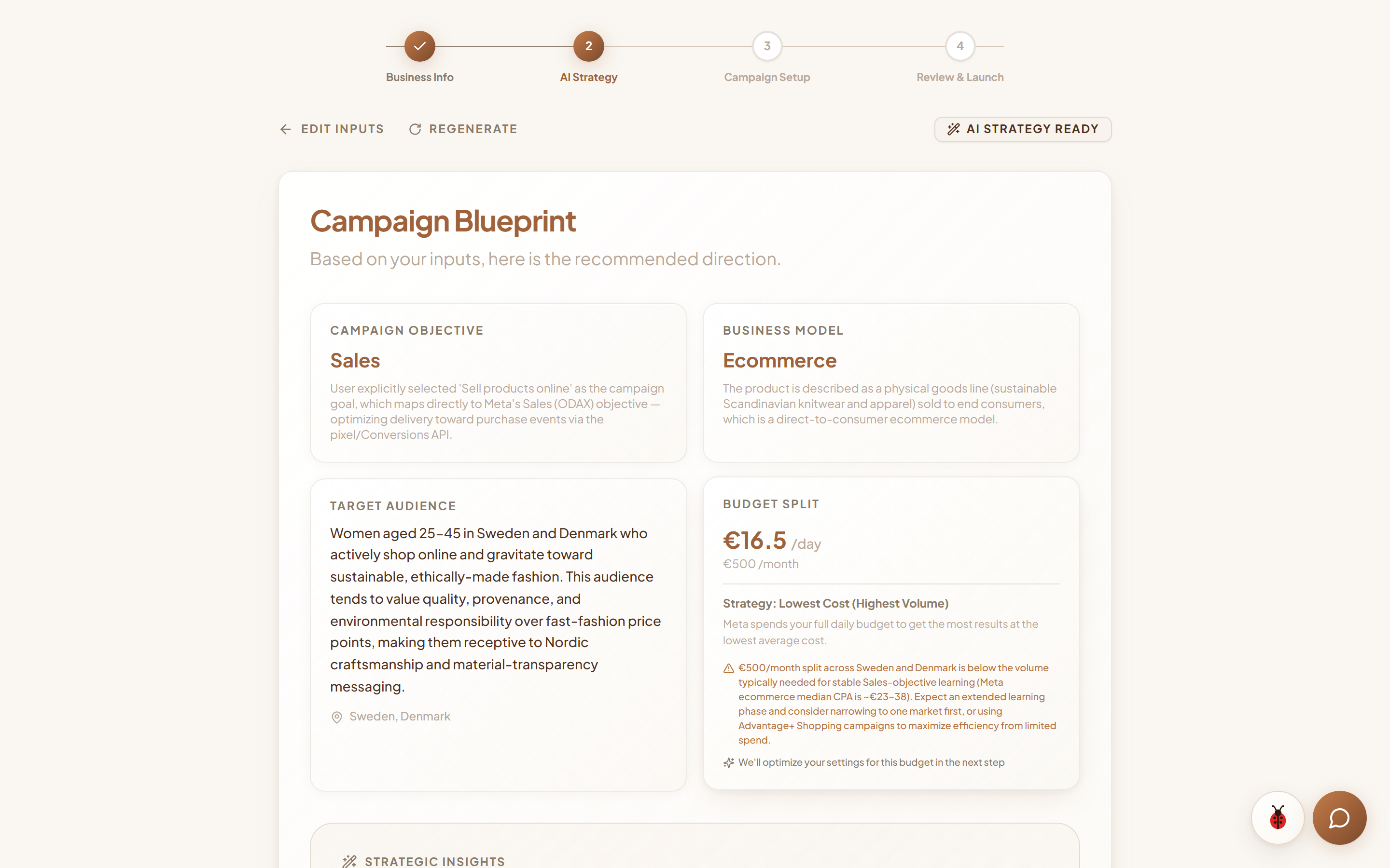 Campaign Blueprint: the generated strategy with the campaign objective and business model tiles