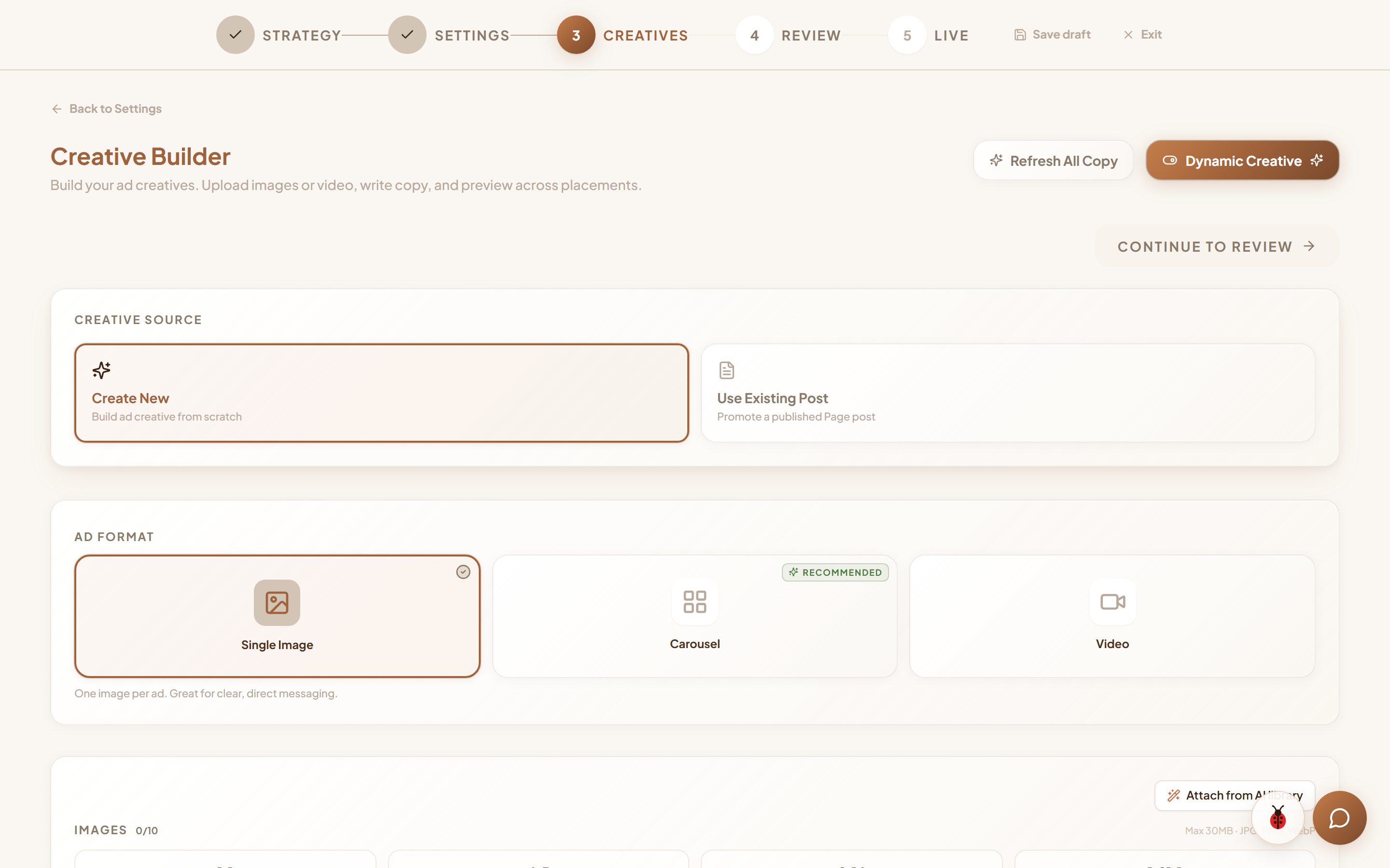 Creative Builder: ad format selection with Carousel marked recommended