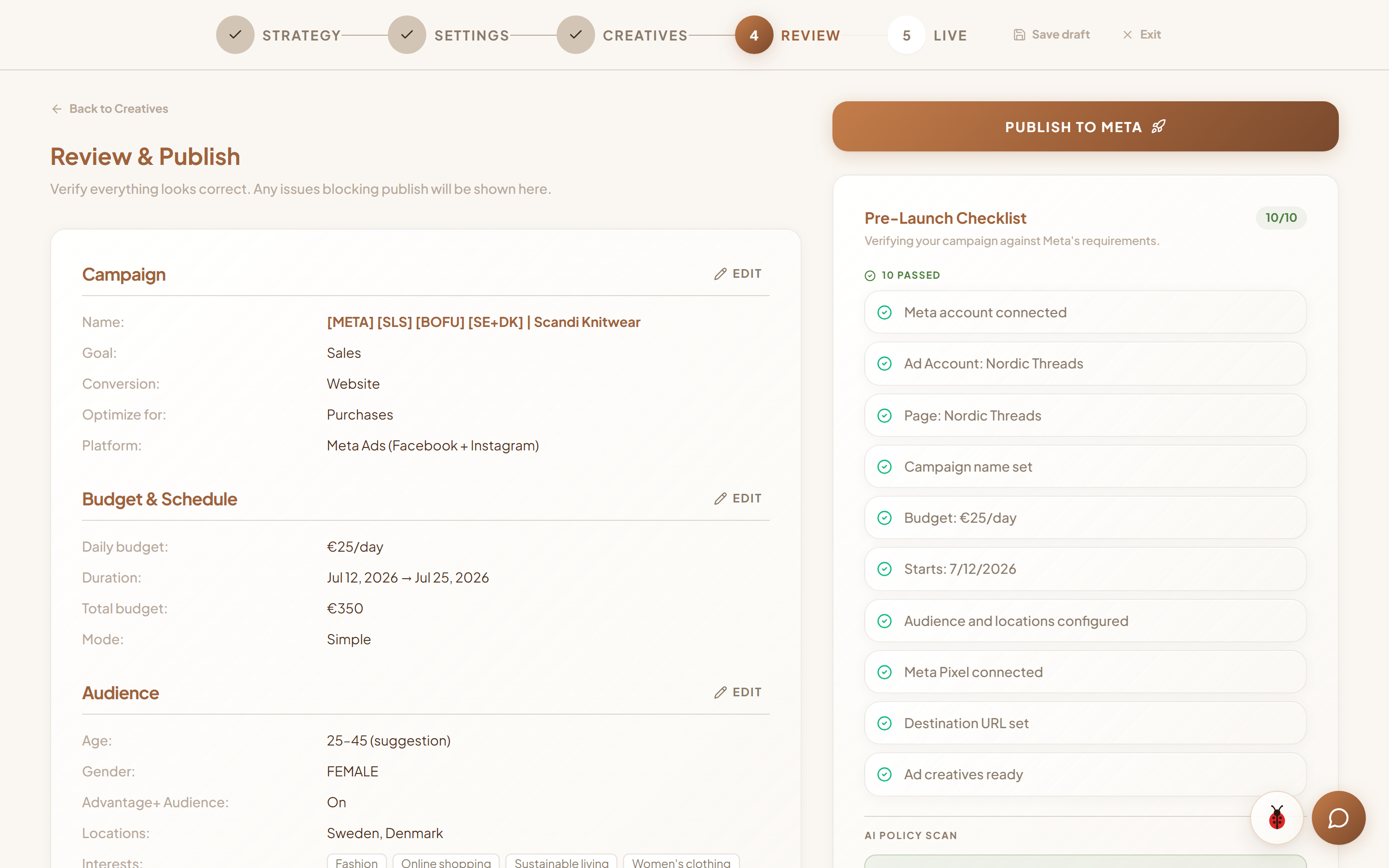 Campaign wizard: publish button and pre-launch checklist